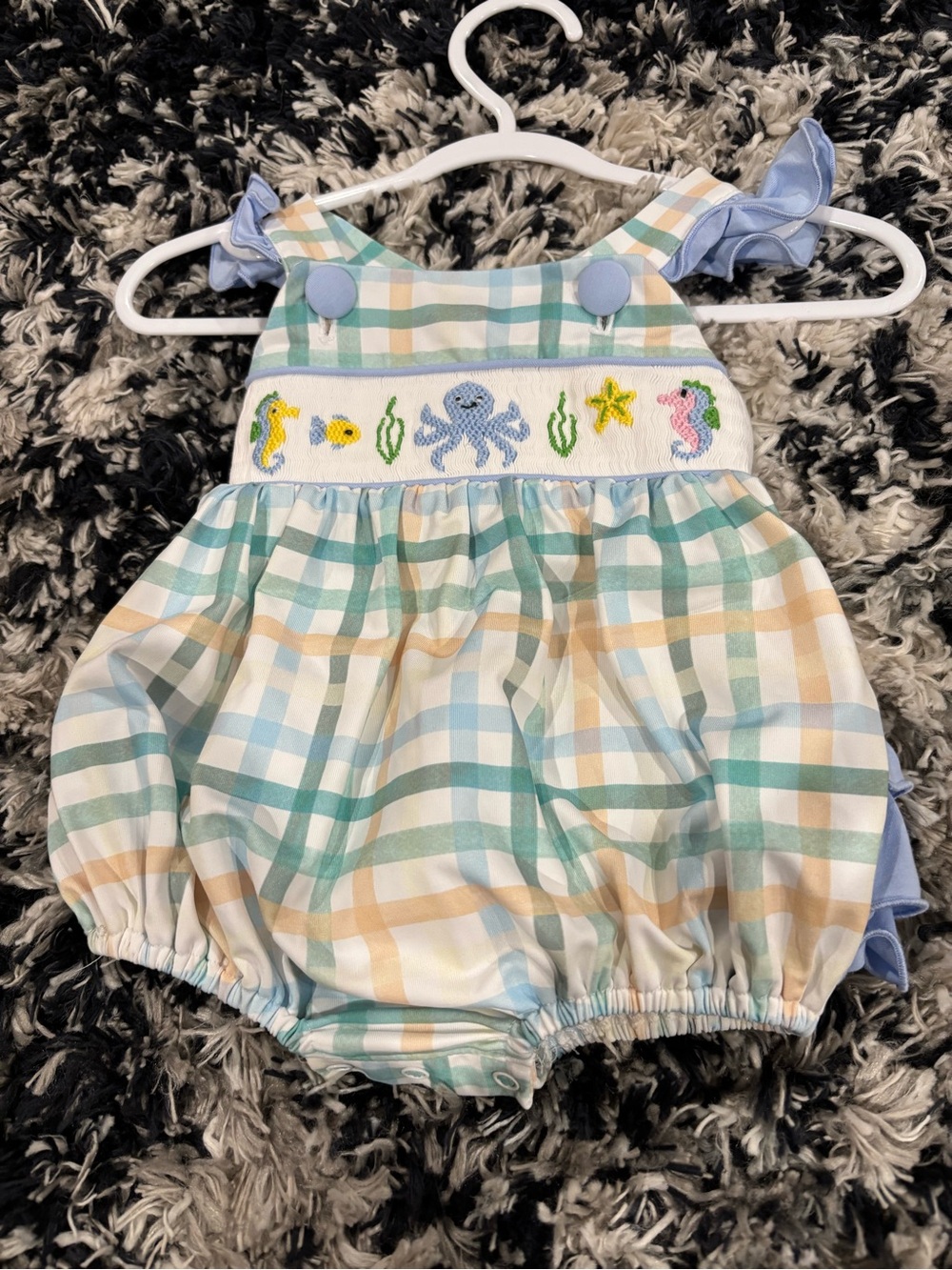 Pastel Plaid Smocked Sea Animal Bubble Romper - Blue, Green, Yellow